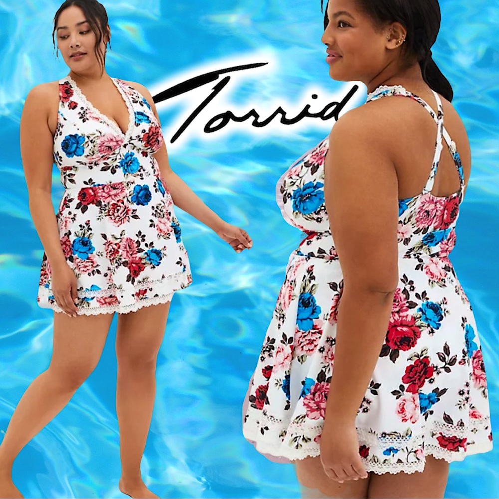 TORRID FLORAL V-NECK LACE TRIM SWIM DRESS 2 NWOT